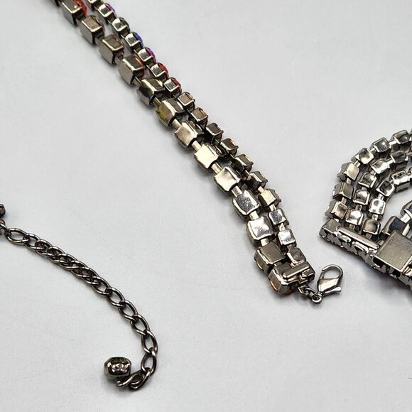 Rainbow Rhinestone Bracelet & Choker Aurora Borealis Silver Tone Brilliant Set - Picture 12 of 13